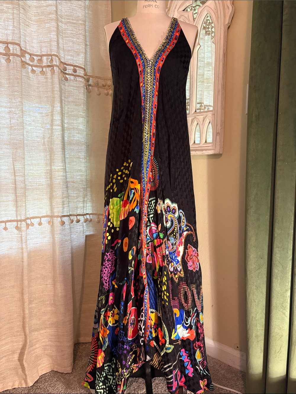 Johnny Was Black Maxi Dress with Multicolor Floral & Paisley Accents